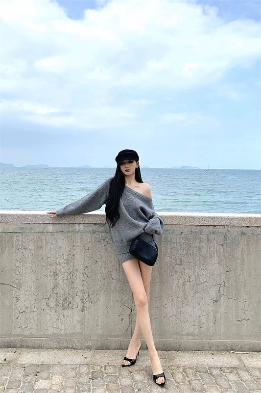 26Jan. 溫柔復古一字領連身針織裙套裝 灰/杏