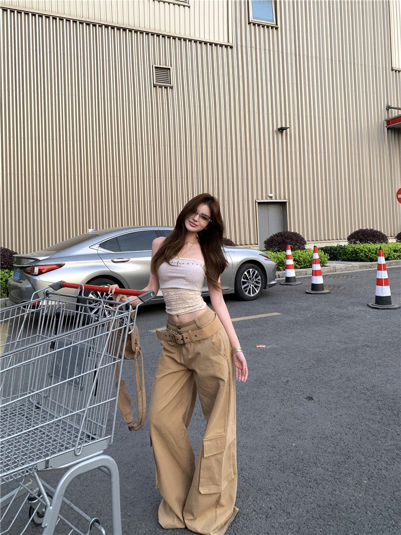 Jun. 痞甜陷阱真兩件式疊穿蕾絲抹胸 卡其工裝休閒褲