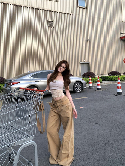 Jun. 痞甜陷阱真兩件式疊穿蕾絲抹胸 卡其工裝休閒褲