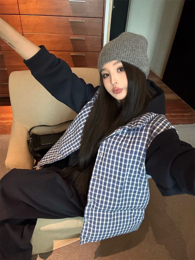 Feb. 韓星慵懶掛 休閒連帽外套 鬆緊休閒褲 格紋羽絨背心