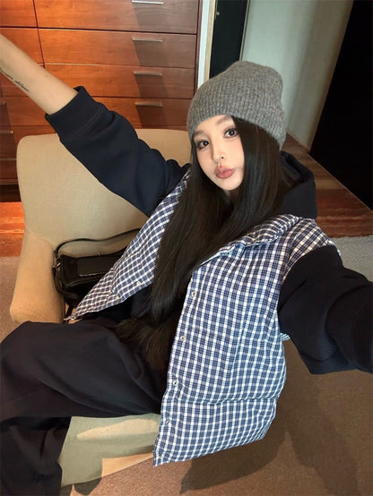 Feb. 韓星慵懶掛 休閒連帽外套 鬆緊休閒褲 格紋羽絨背心