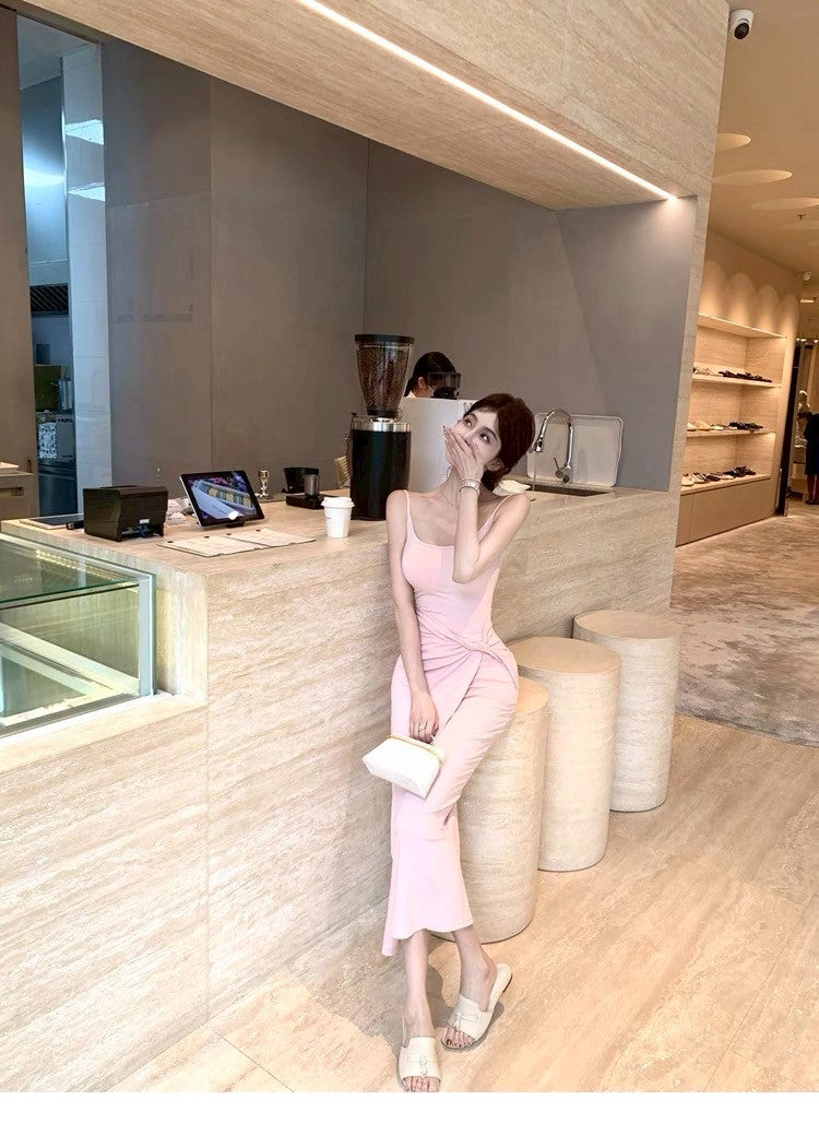 25Aug. 瘦瘦狂魔 側腰扭結U領背心連身裙 粉