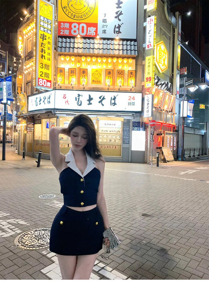 26Jun. 撞色中古小香金釦背心半身裙套裝