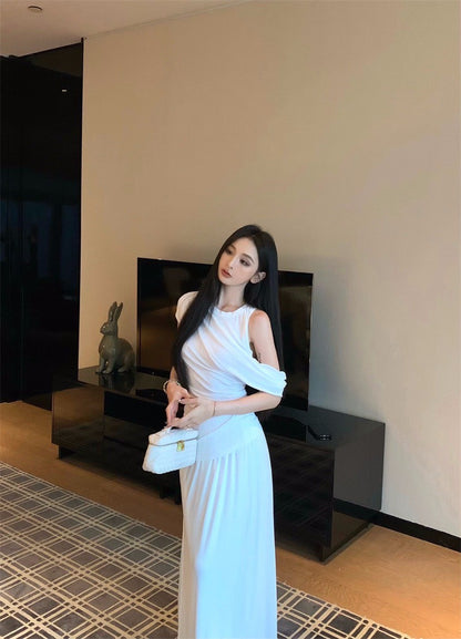 25Jul. 濟州女孩 簡約假兩件式上衣半身裙套裝 米白