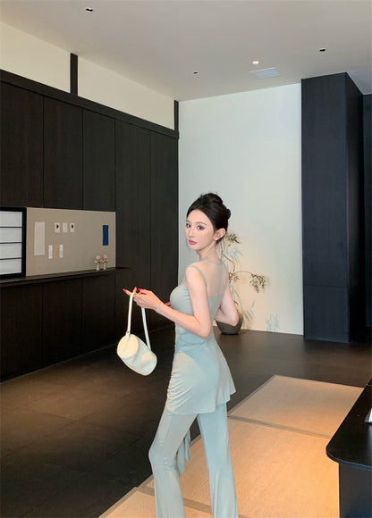 25Aug. 古典視覺網紗拼接上衣綁帶休閒褲套裝 豆沙綠