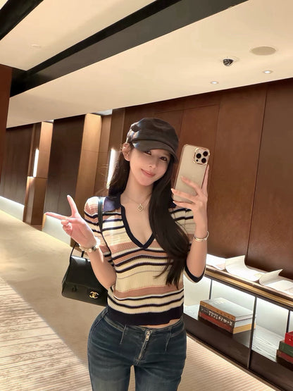 26Oct. 條紋lady五分袖老錢V領針織上衣