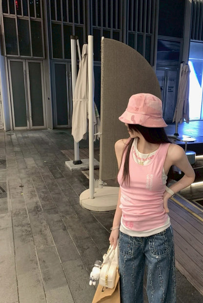 May. 反骨辣妹 梵文印花buff棉質背心 雙色可疊穿 粉/白/黃