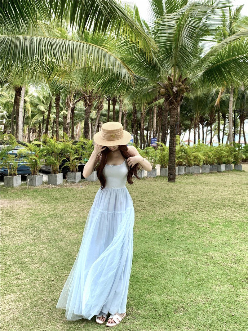 Jun. 嬌寵甜心 U領背心網紗拼接連身裙 淺藍