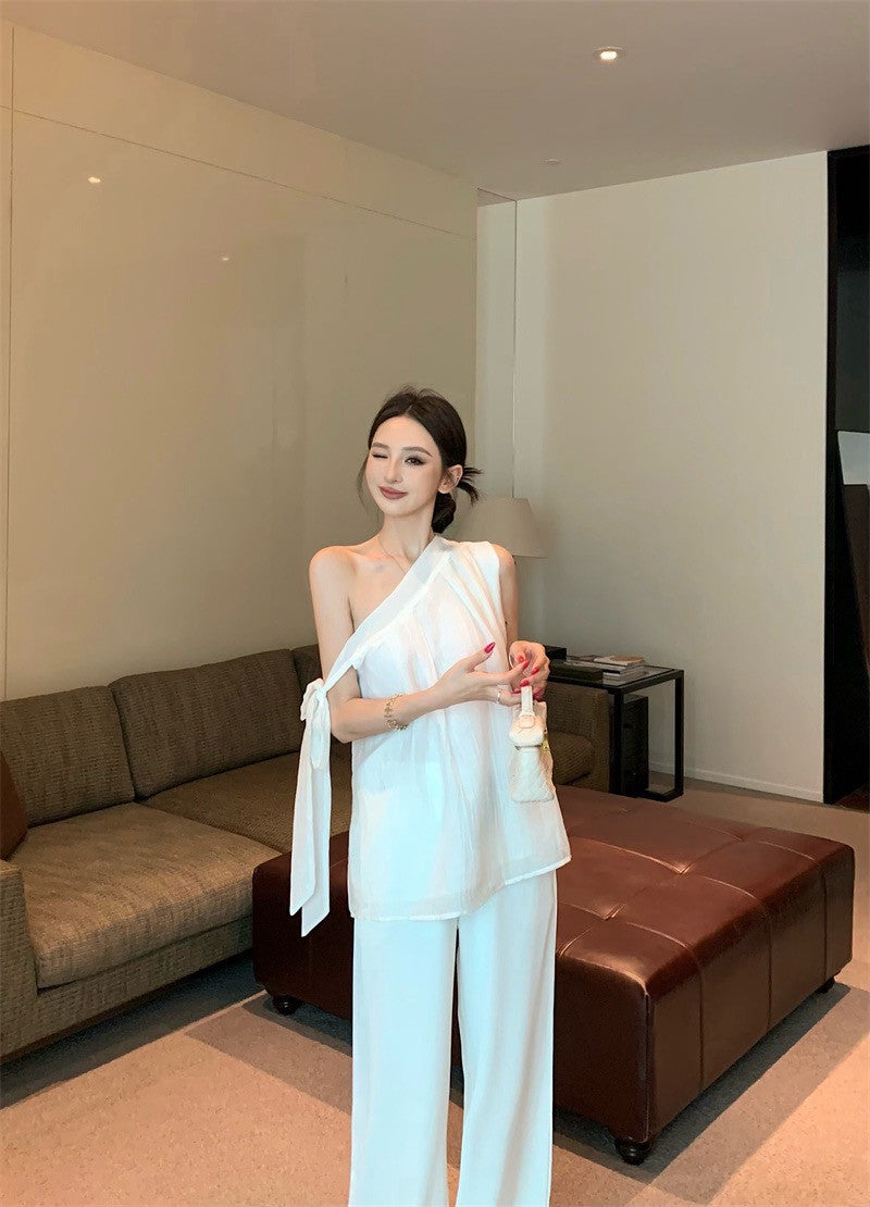 25Sep. 白天使斜肩綁帶上衣 白色休閒褲