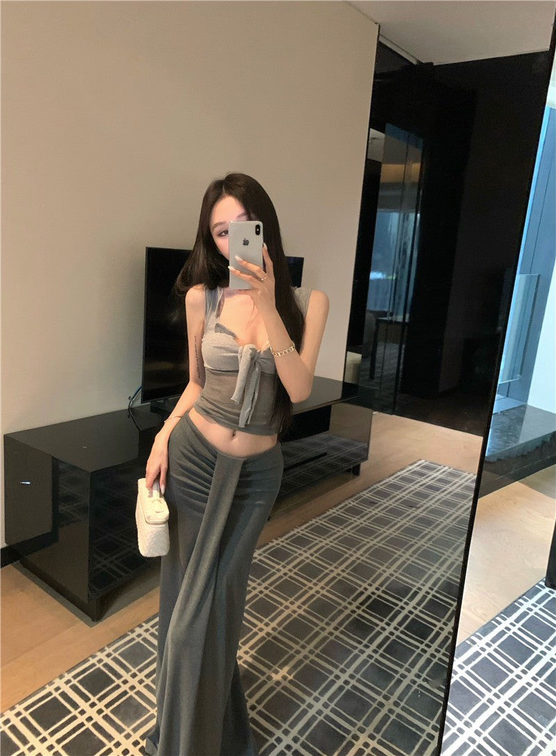 May. 性感毛邊透紗拼接背心 低腰彈力半身裙 灰