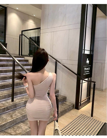 25Sep. 韓女設定純欲蕾絲斜領連身裙套裝 粉