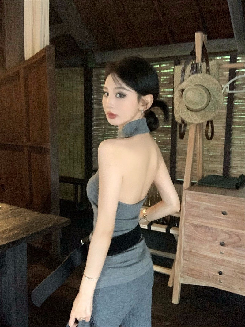 Apr. 復古辣妹 削肩挖背顯瘦背心 麻花反折針織喇叭褲 灰