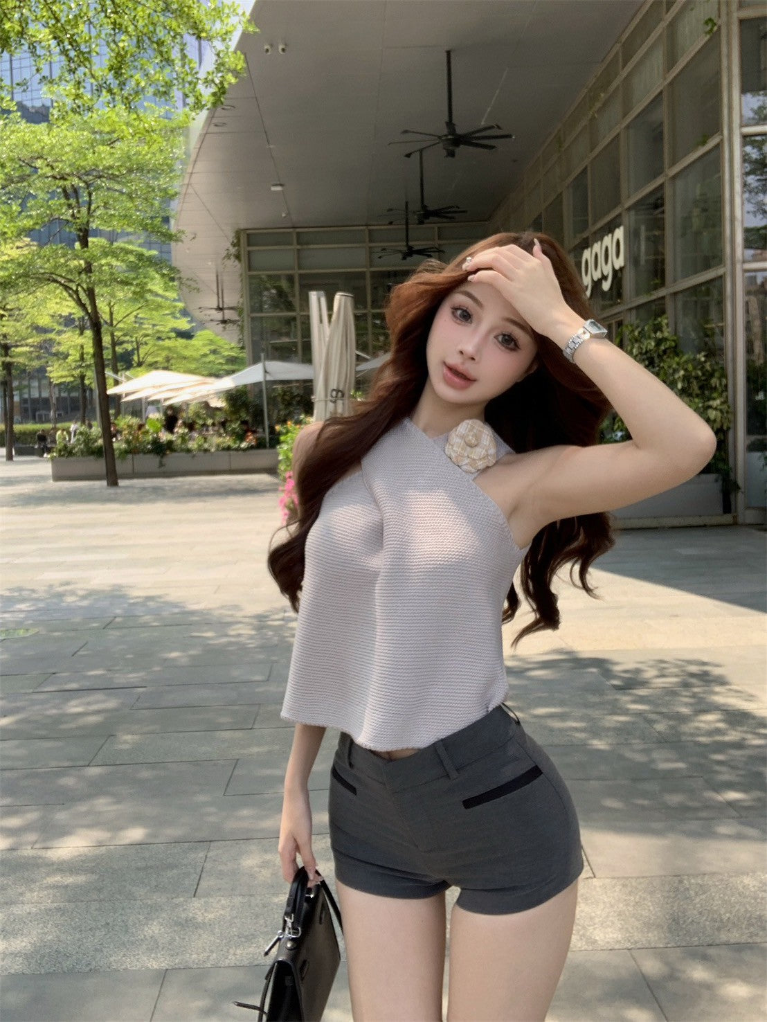 Jun. 貴奢可領穿交錯針織上衣背心 灰