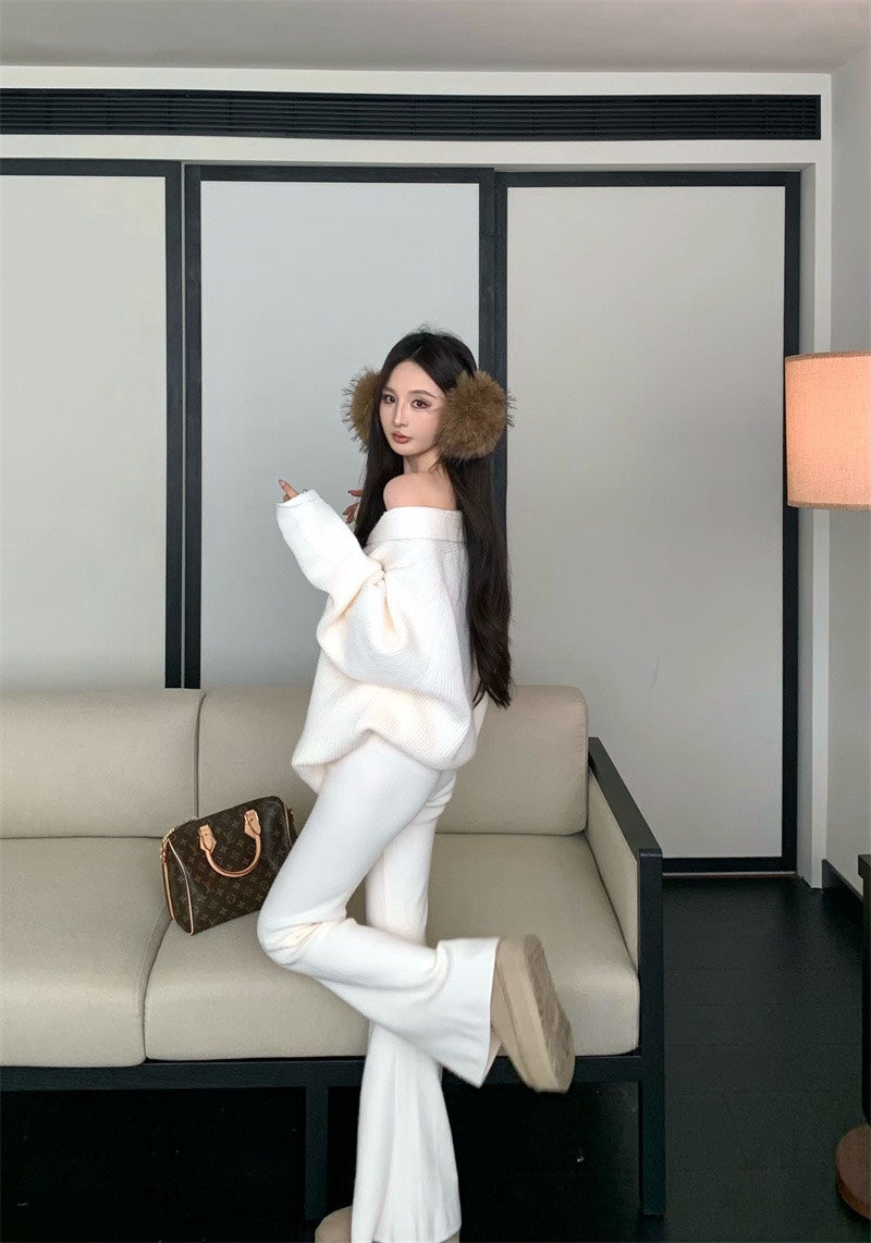 25Nov. 慵懶配套V小翻領針織休閒褲套裝 白/黑