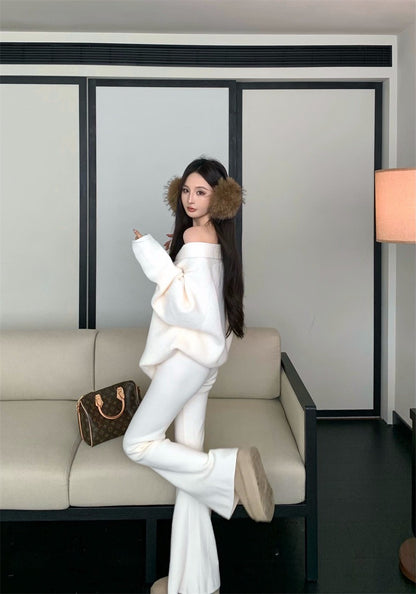 25Nov. 慵懶配套V小翻領針織休閒褲套裝 白/黑