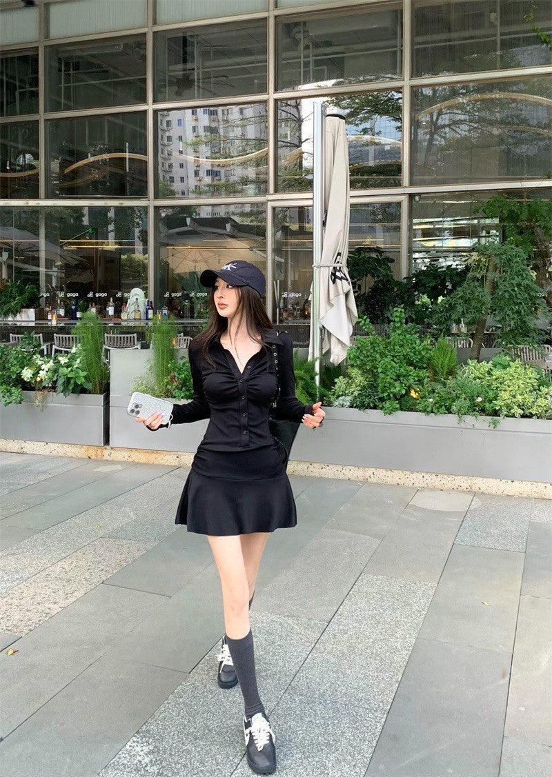 25Jul. 休閒黑色系褶皺襯衫拼接連身裙