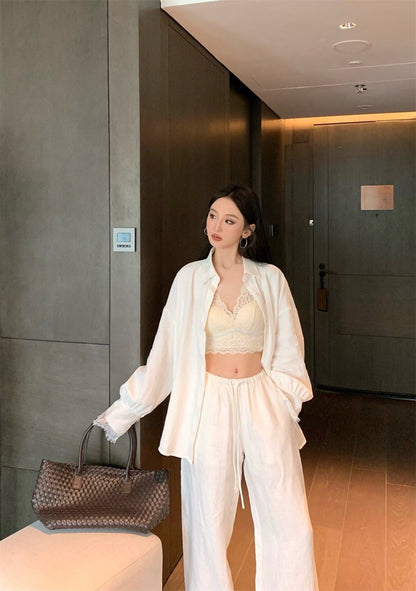 Jun. 100萦麻outfits系列 多版設計涼爽蕾絲拼袖襯衫 抽繩休閒褲 米色