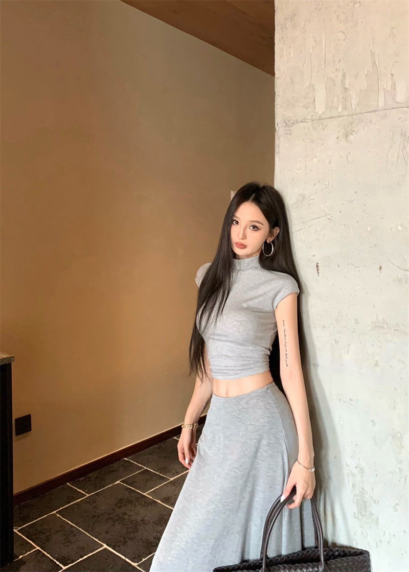 Jun. 簡約歐美 基礎色正肩彈力上衣傘狀半身裙套裝 灰