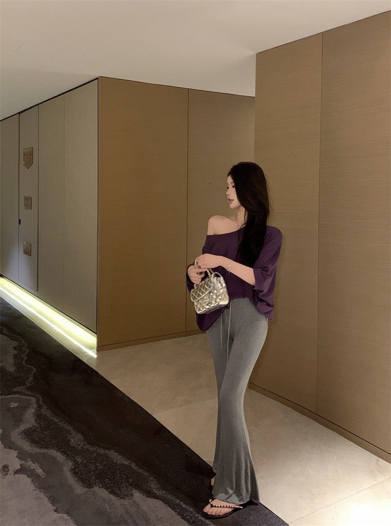 26Jan. 隨性休閒蝙蝠袖斜領紫色上衣 彈力休閒灰色喇叭褲