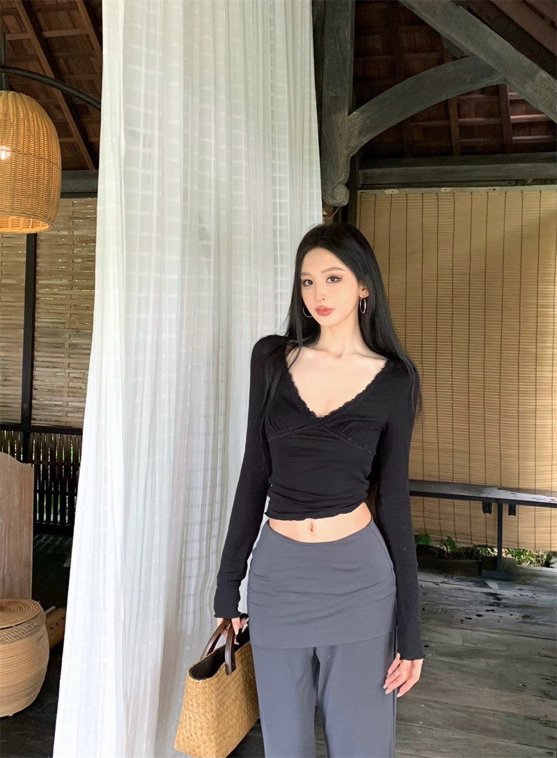 Apr. 浪漫本能 法式蕾絲V領上衣 黑/灰 舒適柔軟假兩件式休閒褲