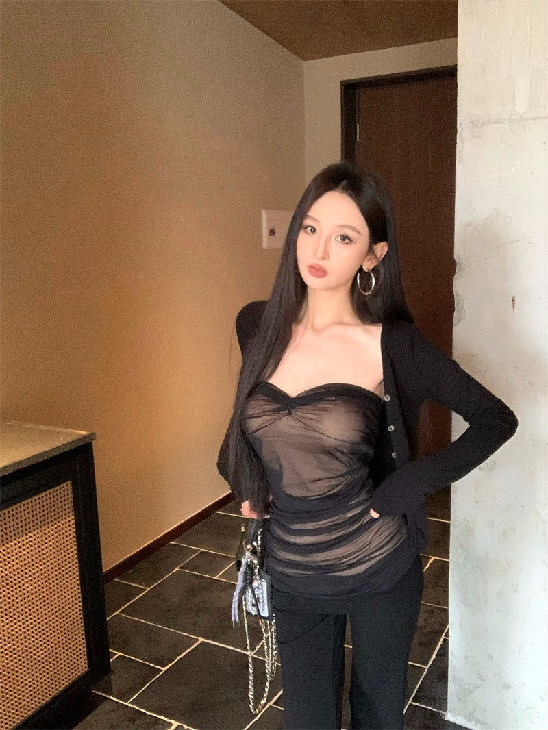 Jun. Kiss初吻性感網紗抹胸 鈕扣開衫 黑