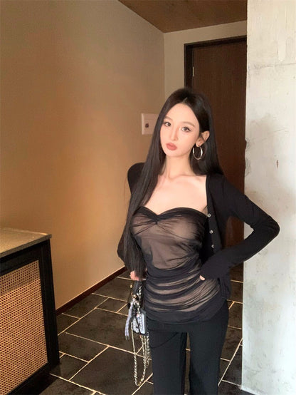 Jun. Kiss初吻性感網紗抹胸 鈕扣開衫 黑