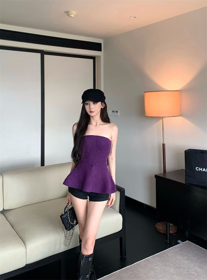 25Nov. 曲線奧斯氣質針織花瓣抹胸 紫