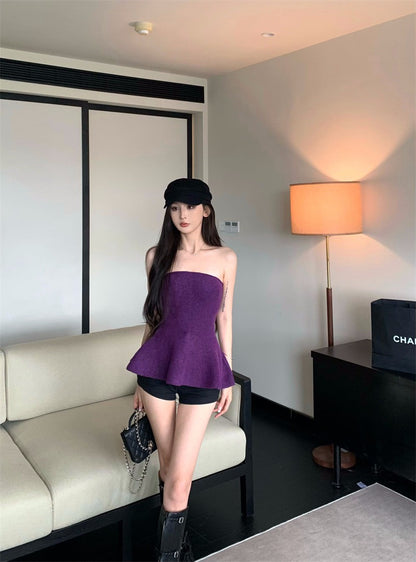 25Nov. 曲線奧斯氣質針織花瓣抹胸 紫