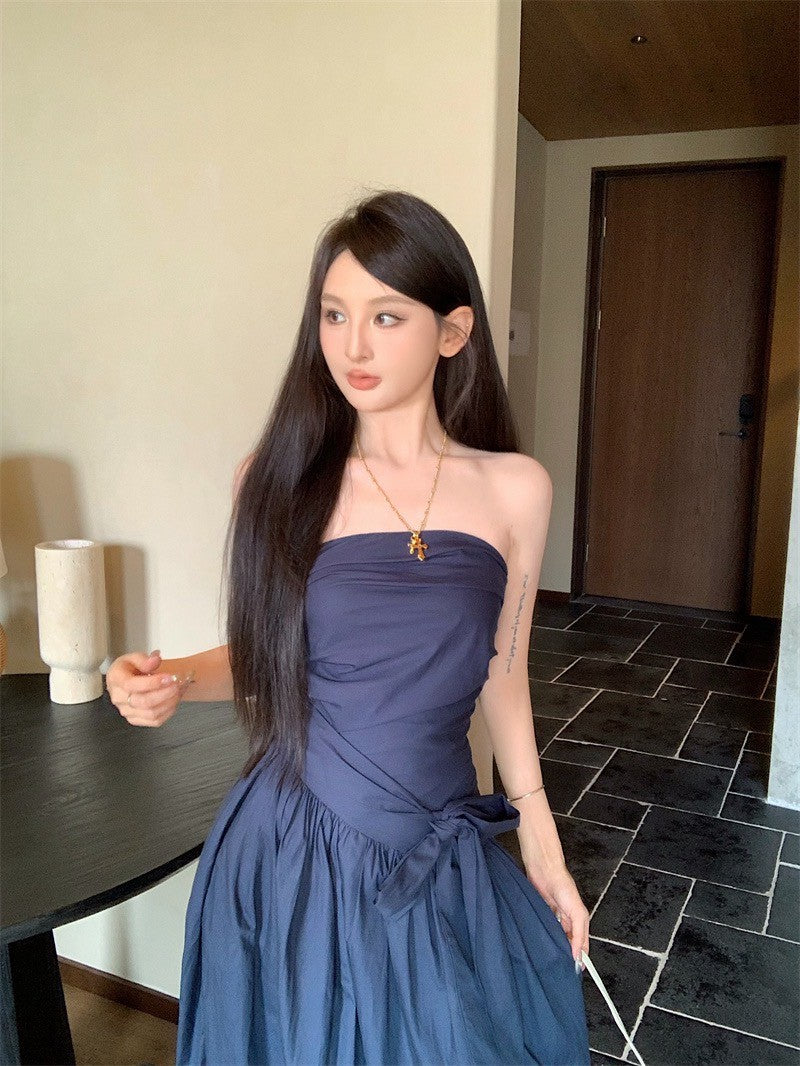 25Sep. 知性哲學抹胸襯衫料繫帶連身裙 藏藍