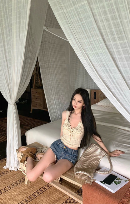 Jun. 島嶼渡假粗鈎織花背心 杏/藍