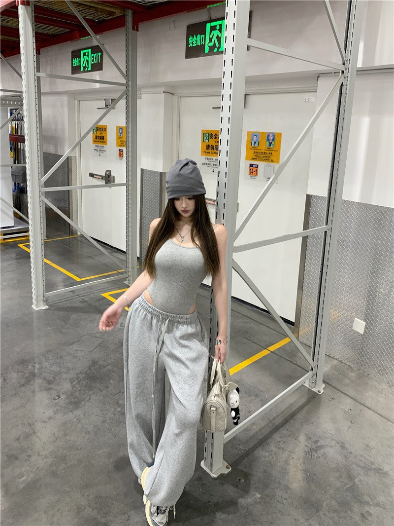 Jun. 歐美辣妹top高腰連體背心 鬆緊休閒褲 灰