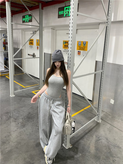Jun. 歐美辣妹top高腰連體背心 鬆緊休閒褲 灰