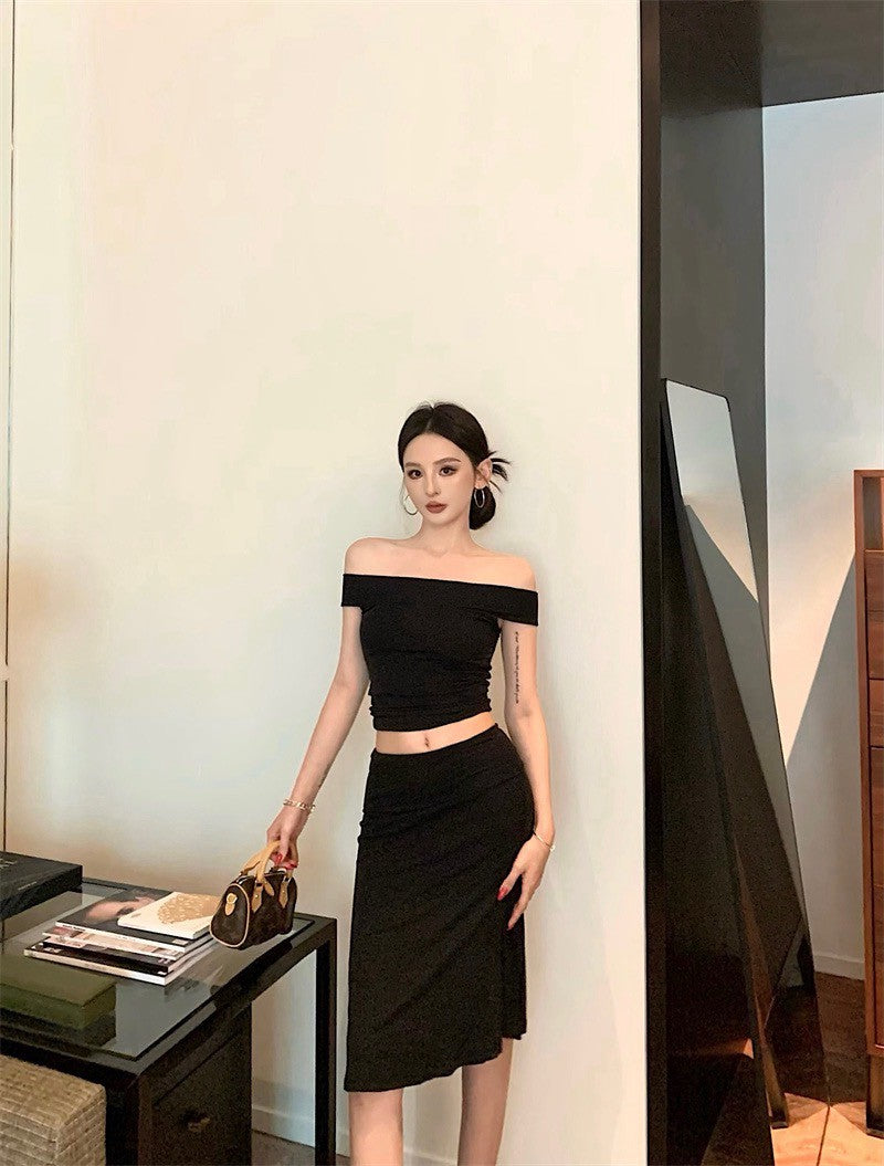 25Sep. 輕熟御姐一字領七分裙套裝 黑