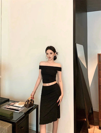 25Sep. 輕熟御姐一字領七分裙套裝 黑