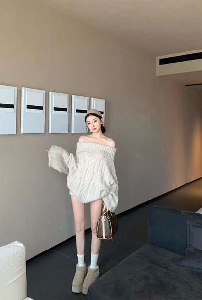 25Dec. Romantic慵懶純慾vibe一字領麻花針織上衣 卡