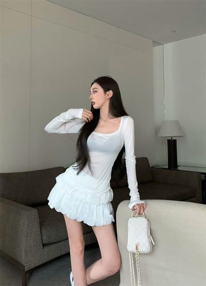 Jun. 奶椰泡泡 薄款芭蕾風打底上衣 花苞半身裙 白