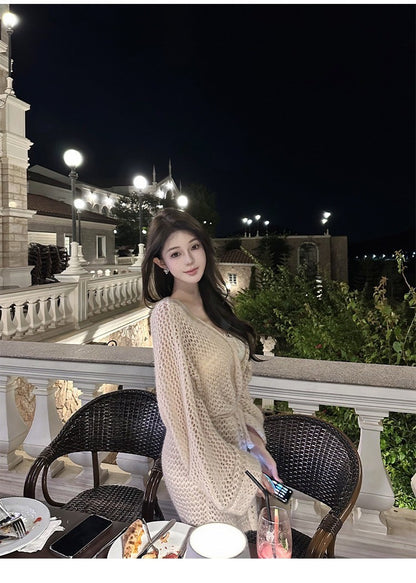 Mar. 貴感慵懶 網眼寬鬆綁帶針織開衫 杏