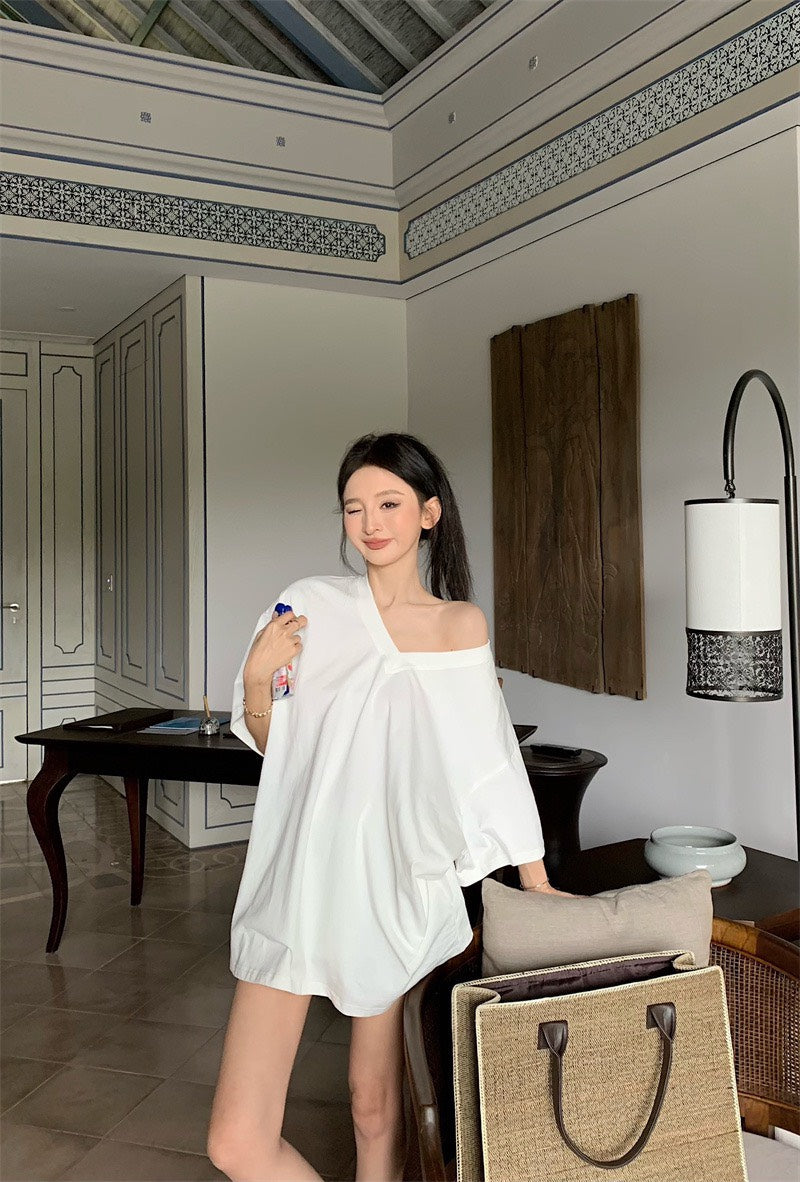 Jun. 在家舒適穿美式寬鬆中長款短袖上衣 白