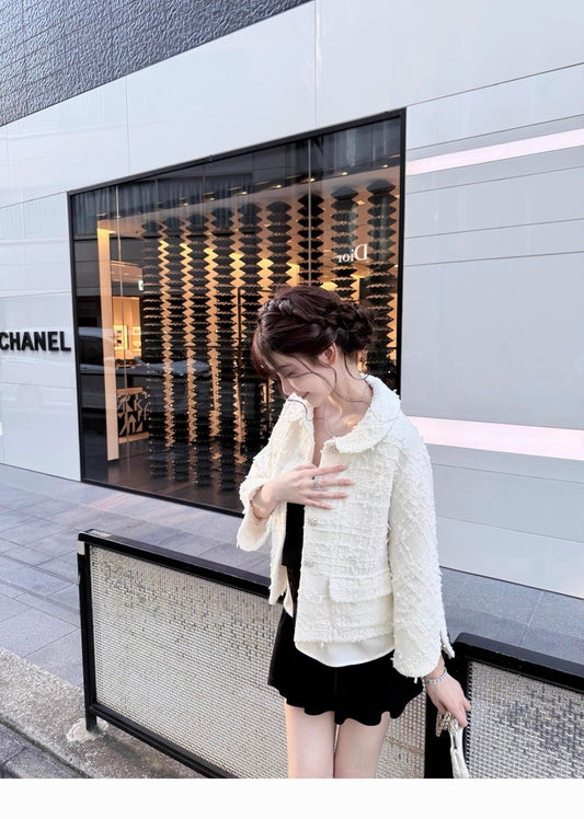 25Dec. 「高級白」山茶小香娃娃領編織感七分袖外套