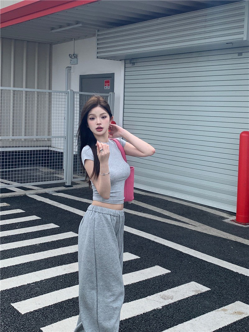 May. 清爽公式 簡約慵懶美式緊身上衣 鬆緊抽繩棉褲 灰