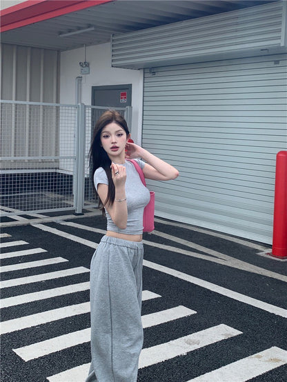 May. 清爽公式 簡約慵懶美式緊身上衣 鬆緊抽繩棉褲 灰
