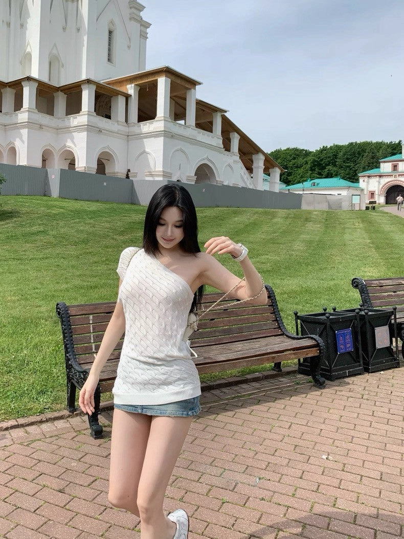 25Aug. 拉夫vintage勞倫單肩針織上衣 白/黃