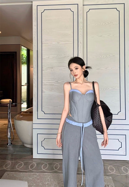 Apr. 復古鹽系 魚骨馬甲吊帶抹胸 拼色休閒褲 灰