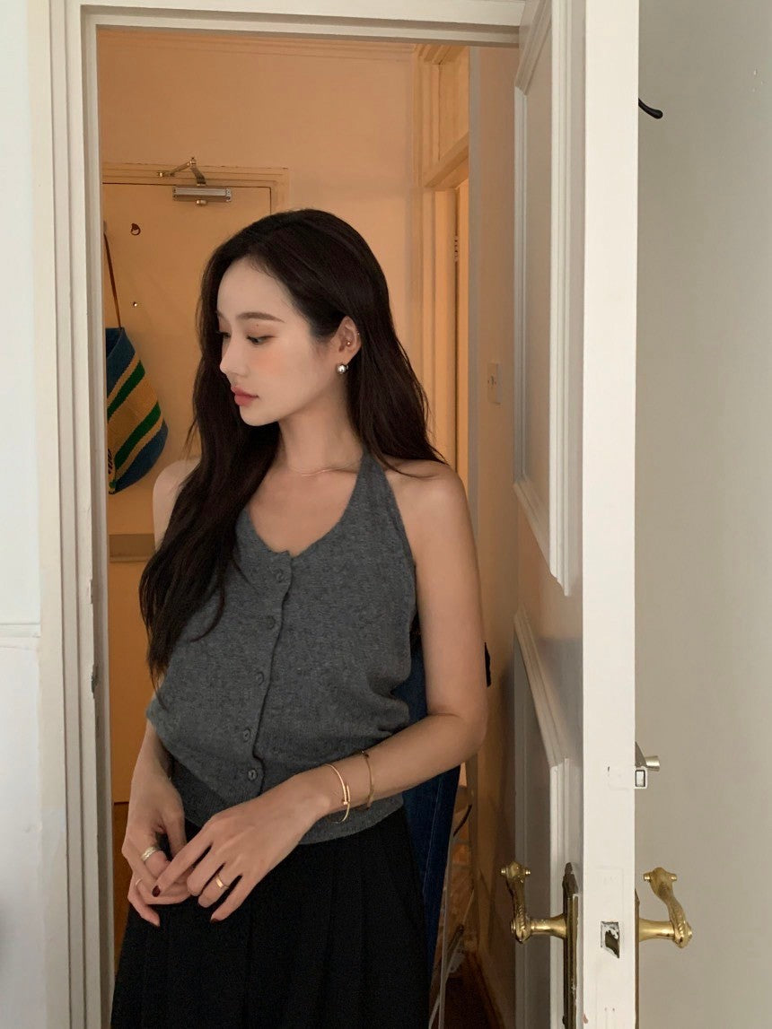 Oct. 友好疊穿 針織排扣後背挖空背心 灰