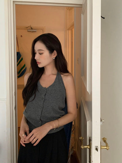 Oct. 友好疊穿 針織排扣後背挖空背心 灰