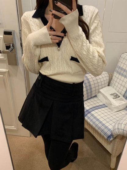 Oct. 俏麗甜心 撞色V領麻花針織長袖上衣 米色/黑色