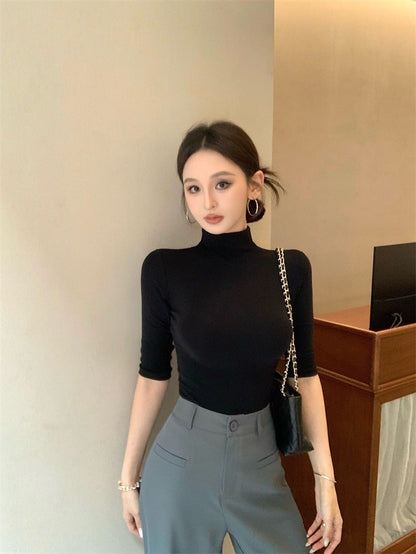 Jun. 高級知性 百搭顯瘦彈力上衣 黑 高腰闊腿褲 灰