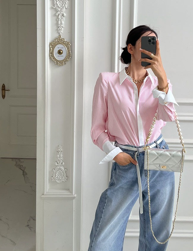 25Sep. 東大門經典撞色包邊修身條紋襯衫 粉/藍/黑