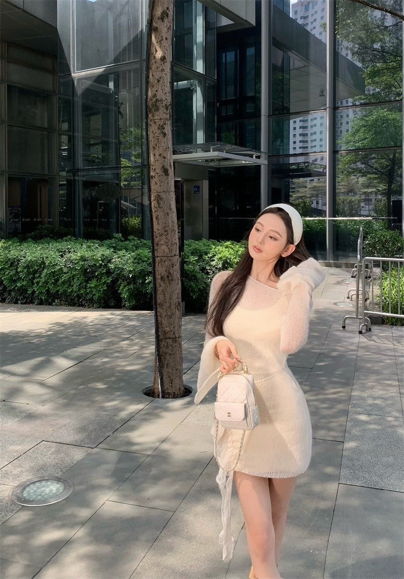 Jan. Cellos*nata裙擺玫瑰 溫柔疊穿同色系連身裙 針織外罩裙 杏色