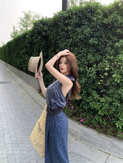 Jun. Spicy辣妹私服 復古格紋掛脖上衣 高腰休閒褲